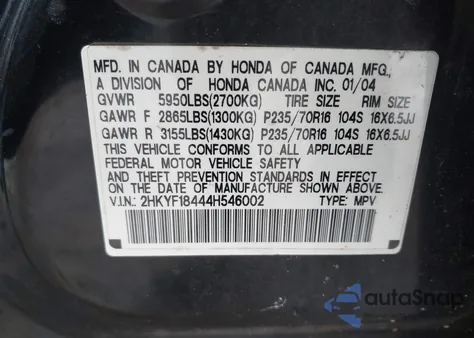 2004 Honda Pilot Ex z USA, uszkodzony, nr VIN 2HKYF18444H546002